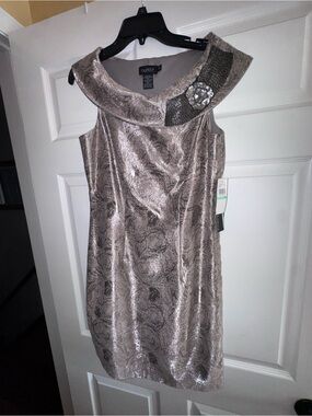 Roulette Metallic Taupe Mini Dress with Embellished Collar